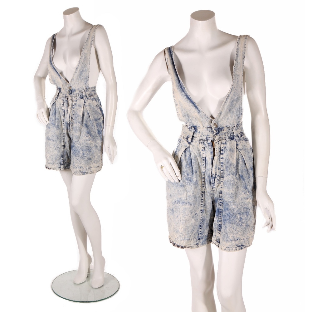 1980s Acid Wash High Waisted Short Overalls